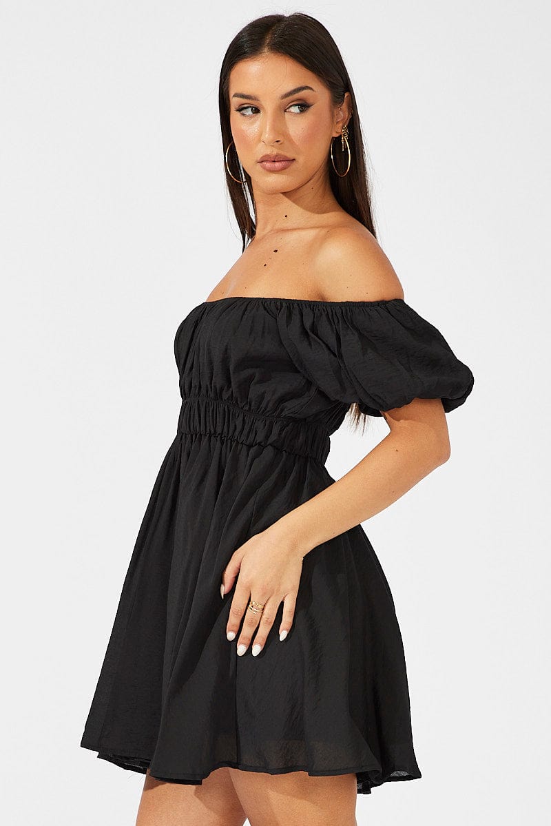 Black Fit and Flare Dress Short Sleeve Ruched for Ally Fashion