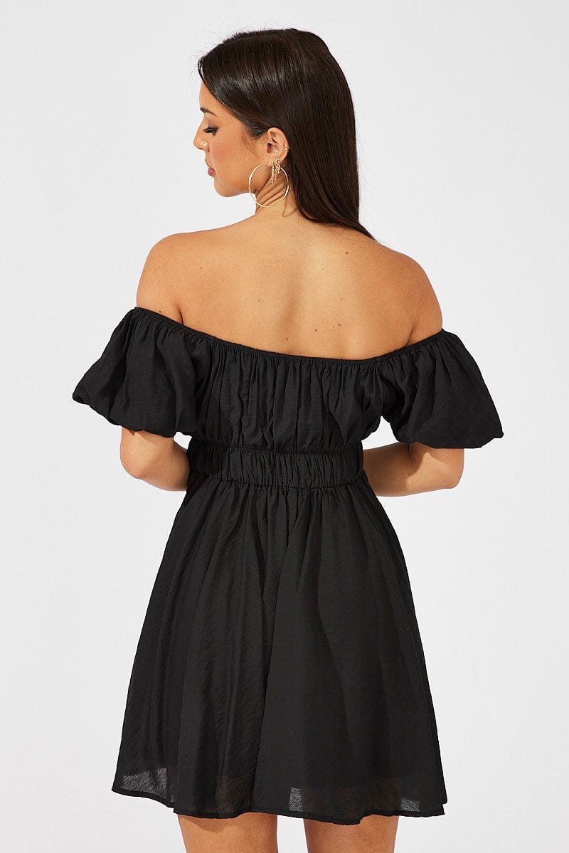 Black Fit and Flare Dress Short Sleeve Ruched for Ally Fashion