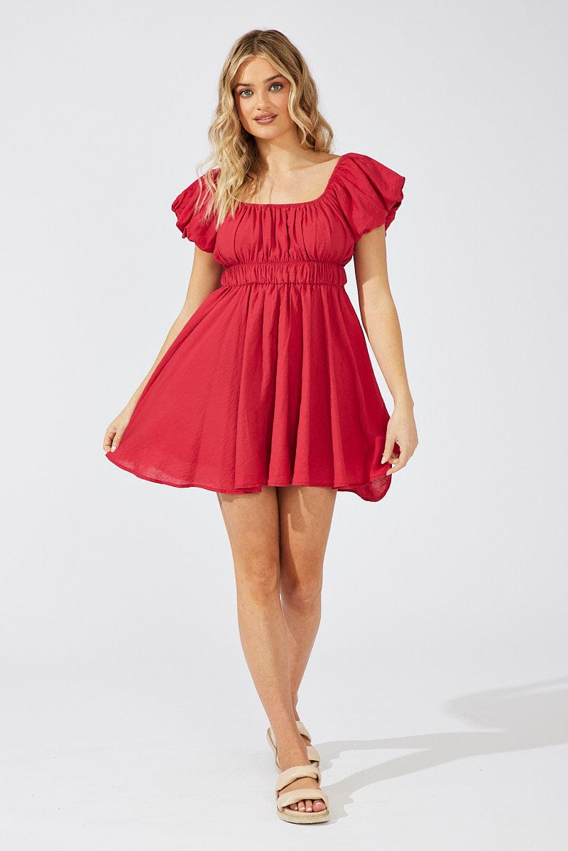 Red Fit and Flare Dress Short Sleeve Ruched Ally Fashion