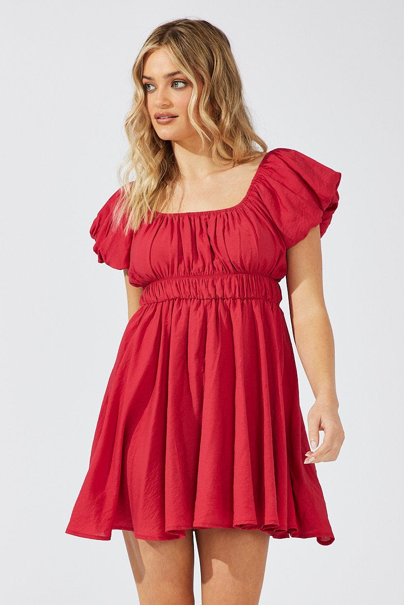 Red Fit and Flare Dress Short Sleeve Ruched for Ally Fashion