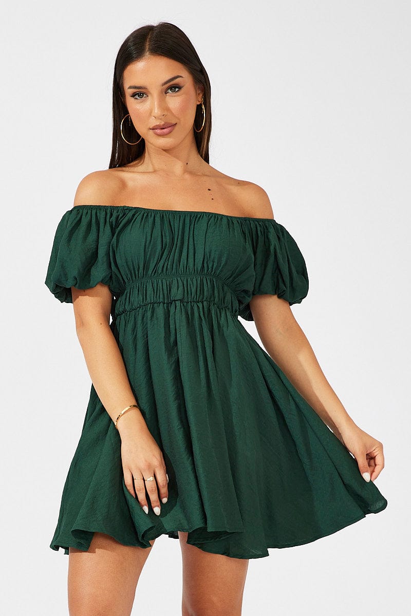 Green Fit and Flare Dress Short Sleeve Ruched for Ally Fashion