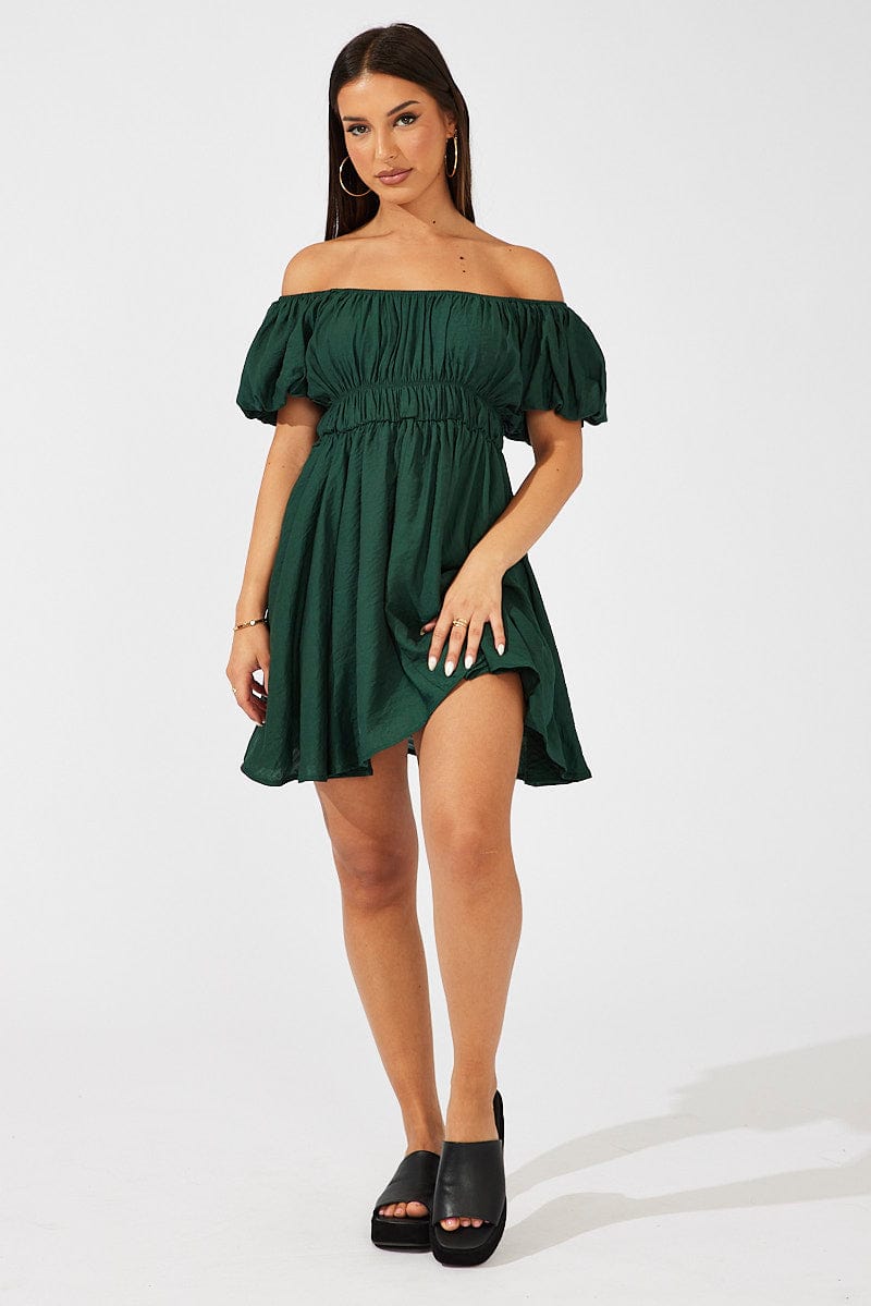 Green Fit and Flare Dress Short Sleeve Ruched for Ally Fashion