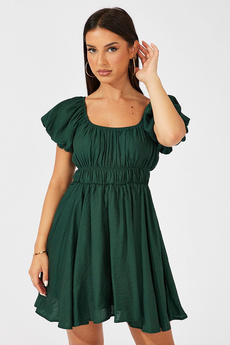 Green Fit and Flare Dress Short Sleeve Ruched for Ally Fashion