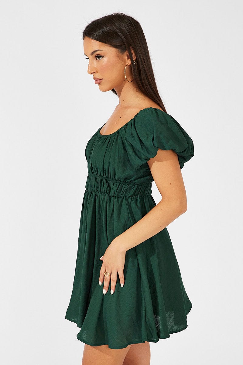 Green Fit and Flare Dress Short Sleeve Ruched for Ally Fashion