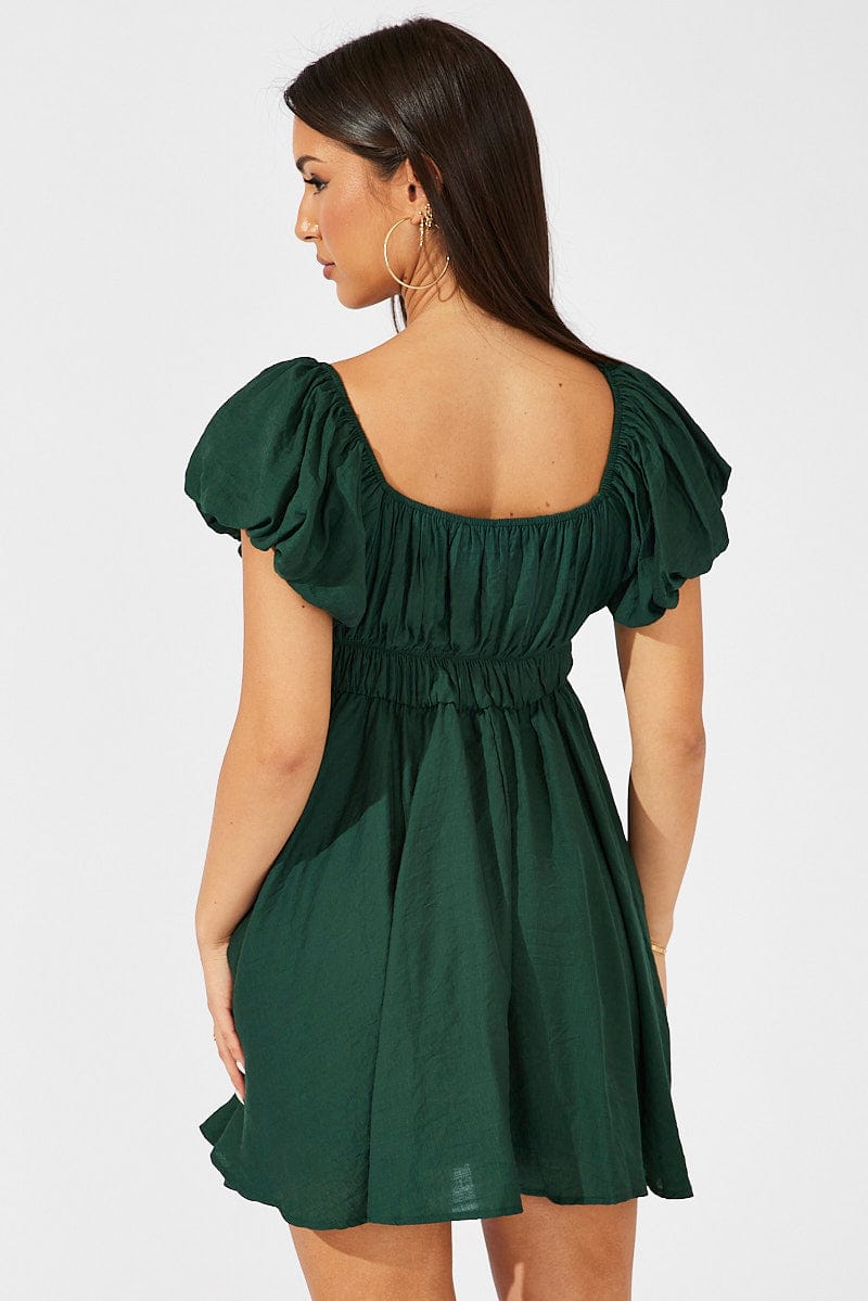 Green Fit and Flare Dress Short Sleeve Ruched for Ally Fashion