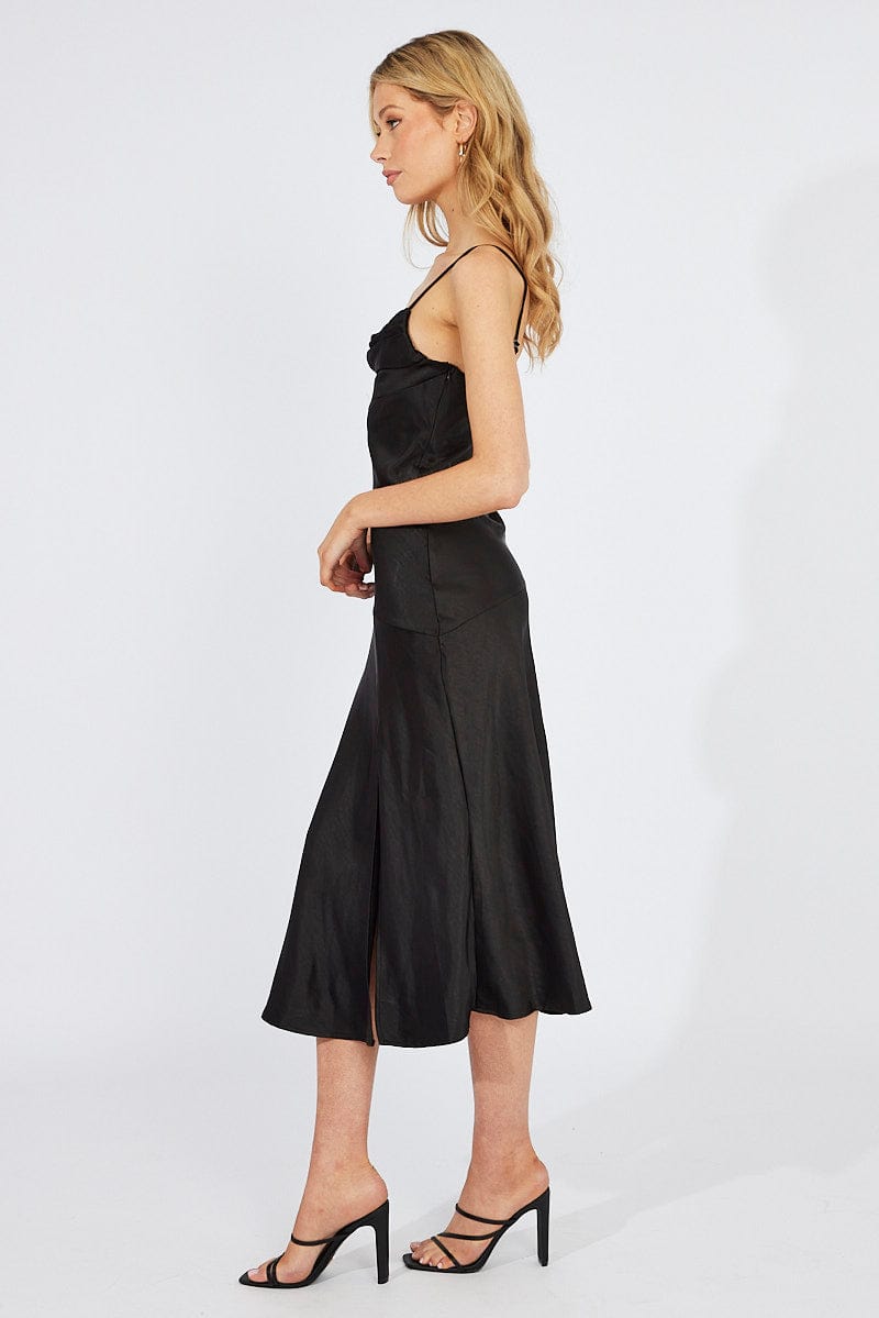 Black Satin Dress Cocktail Split Side Strappy for Ally Fashion