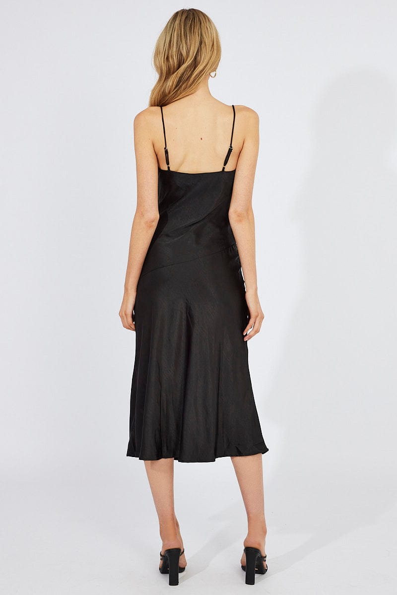 Black Satin Dress Cocktail Split Side Strappy for Ally Fashion