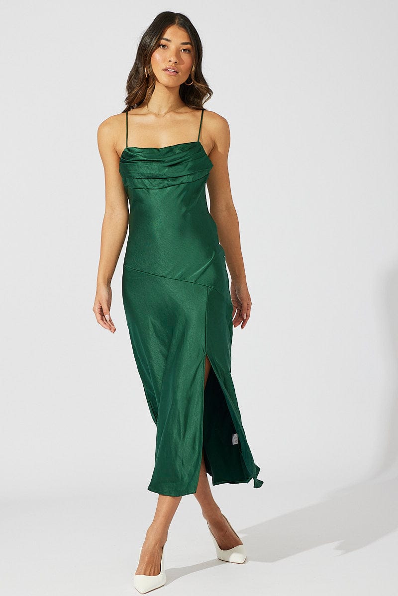 Green Satin Dress Cocktail Split Side Strappy for Ally Fashion