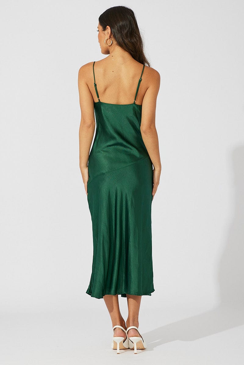 Green Satin Dress Cocktail Split Side Strappy for Ally Fashion
