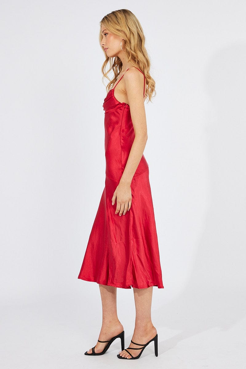 Red Satin Dress Cocktail Split Side Strappy for Ally Fashion