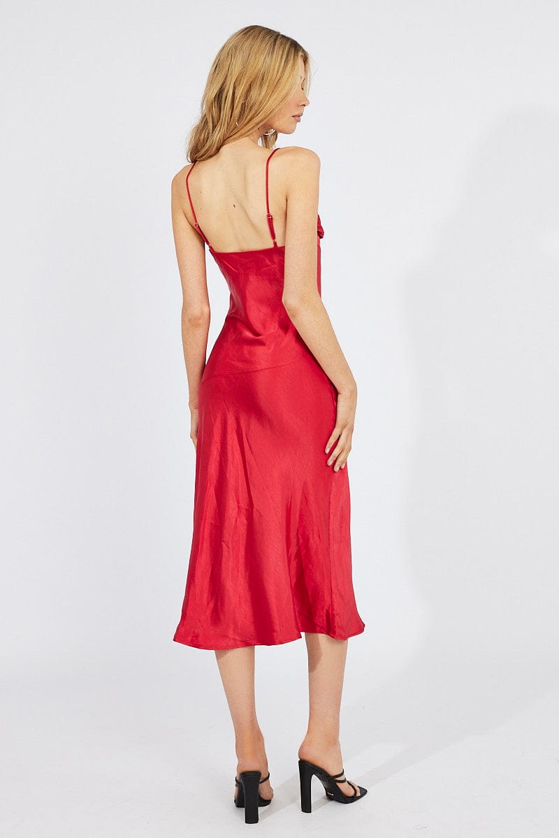 Red Satin Dress Cocktail Split Side Strappy for Ally Fashion