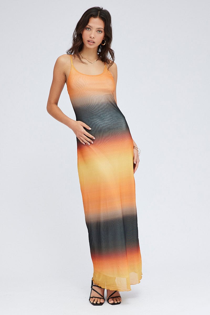 Brown Abstract Maxi Dress Sleeveless Mesh for Ally Fashion