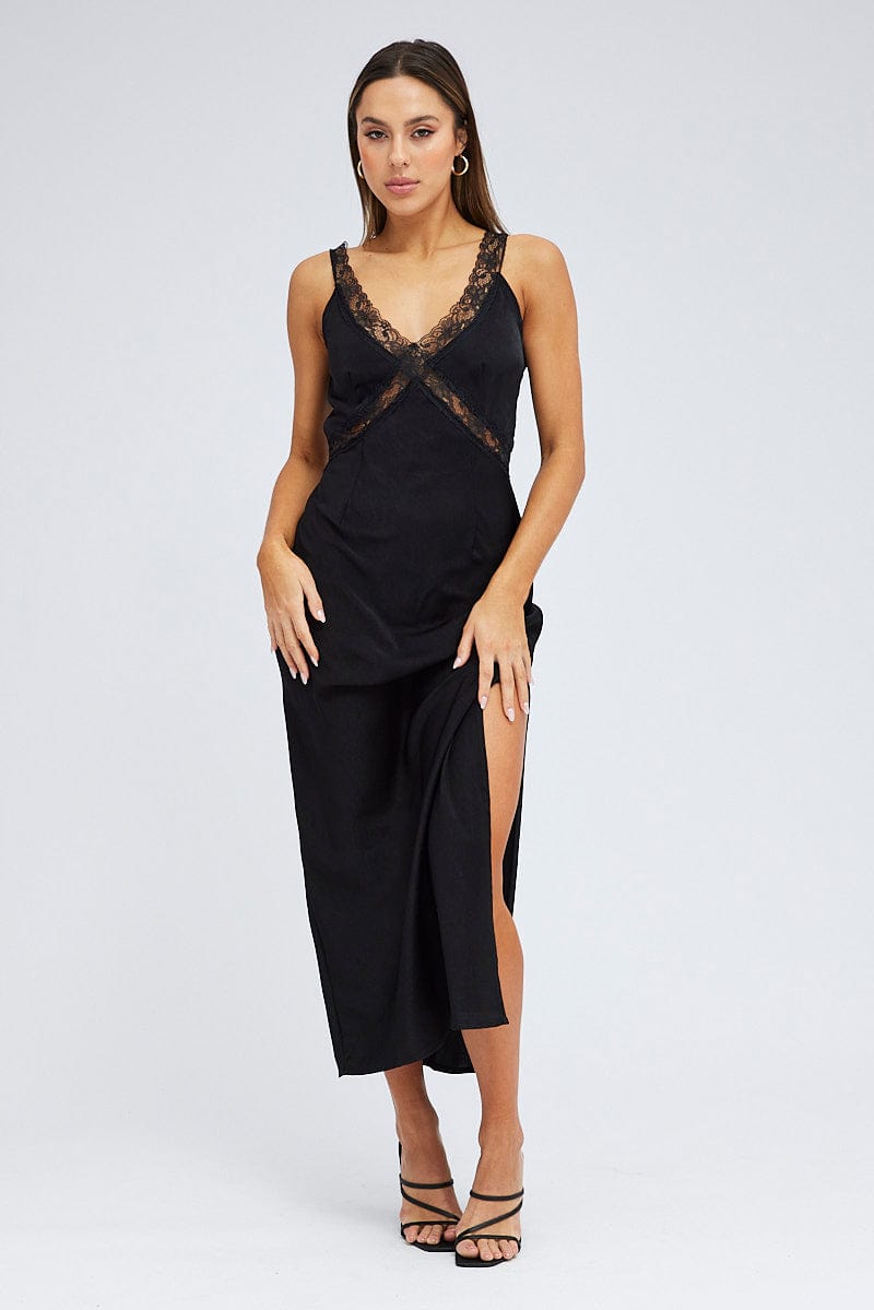 Black Maxi Dress Sleeveless Satin Lace Trim for Ally Fashion