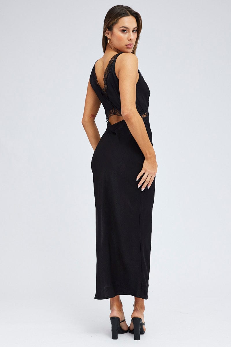 Black Maxi Dress Sleeveless Satin Lace Trim for Ally Fashion