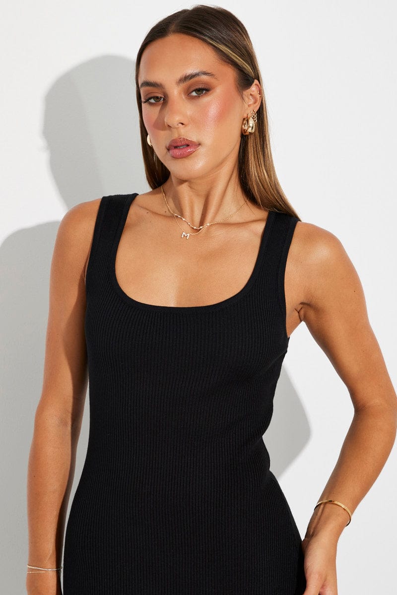 Black Knit Dress Sleeveless Side Split for Ally Fashion