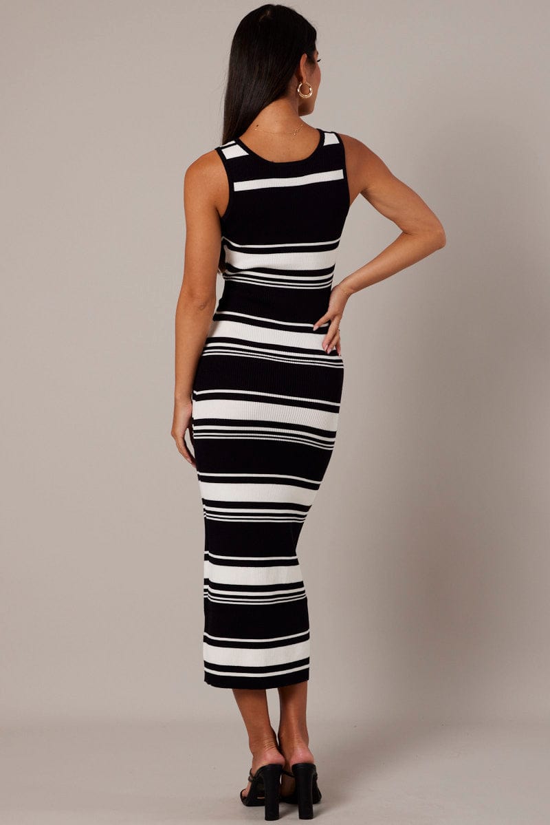 Black Stripe Knit Dress Sleeveless Midi for Ally Fashion