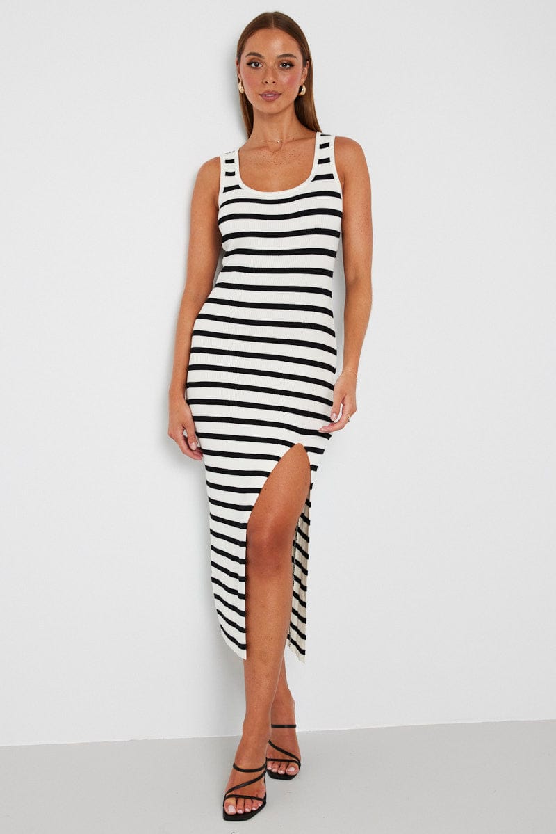 White Stripe Knit Dress Sleeveless Side Split for Ally Fashion