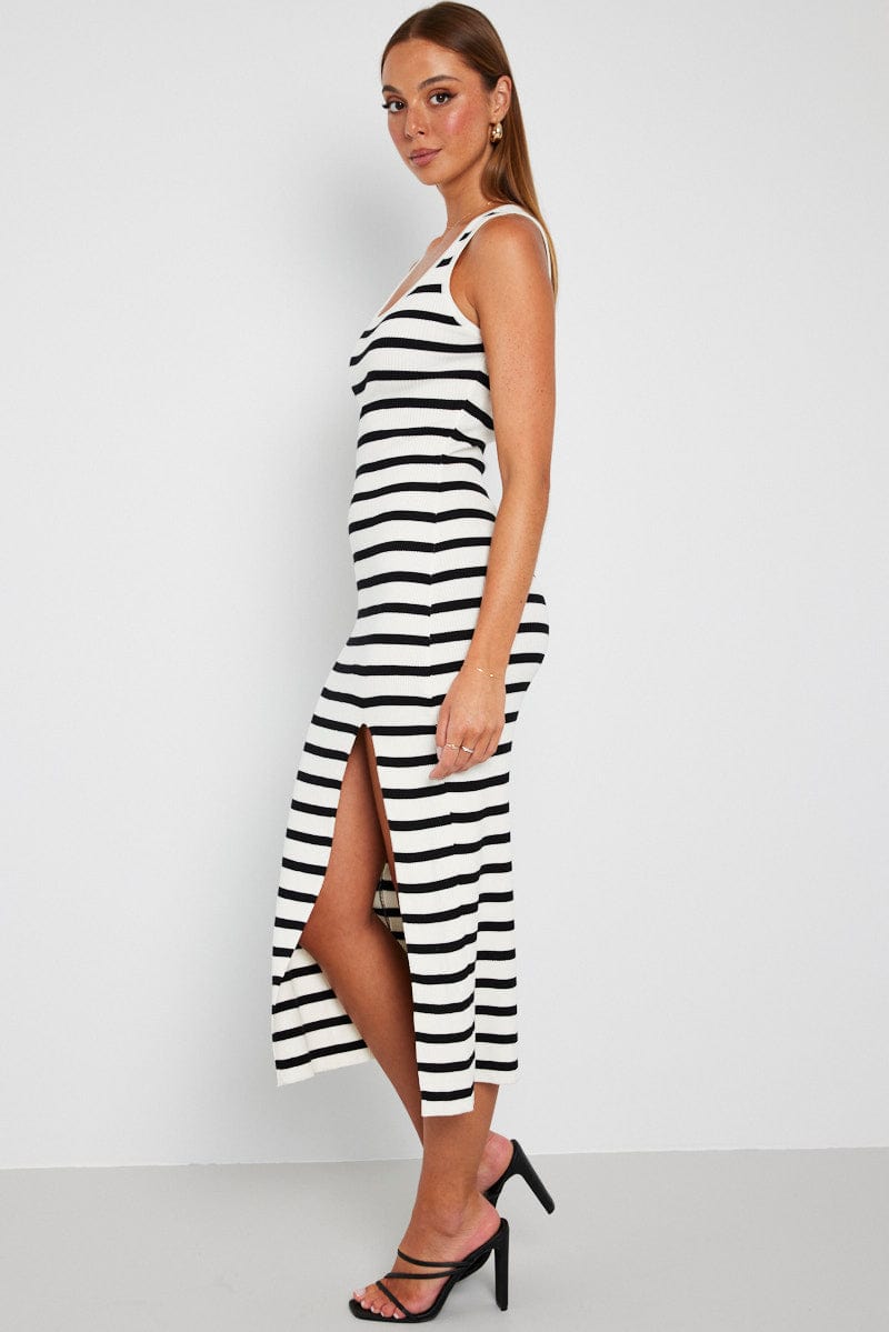 White Stripe Knit Dress Sleeveless Side Split for Ally Fashion