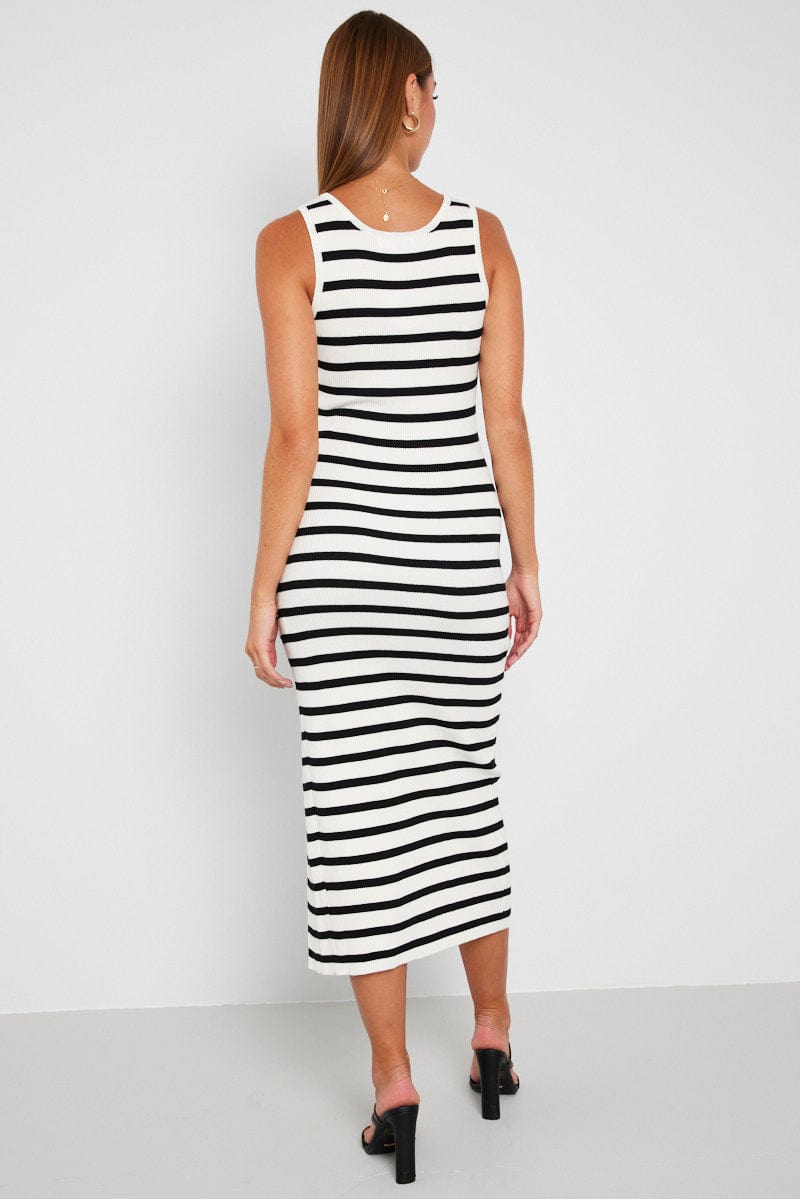 White Stripe Knit Dress Sleeveless Side Split for Ally Fashion