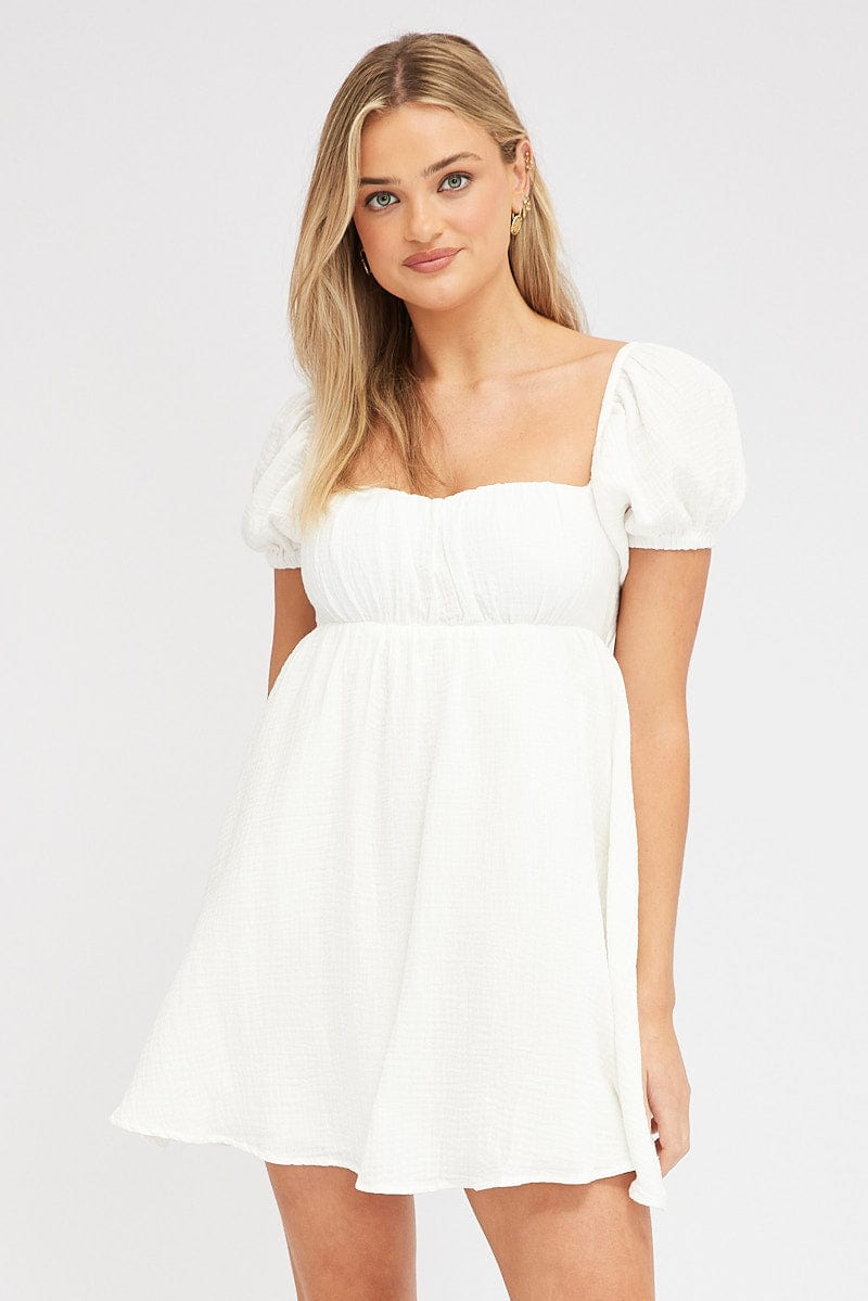 White Fit and Flare Dress Short Sleeve Tie Back Babydoll for Ally Fashion