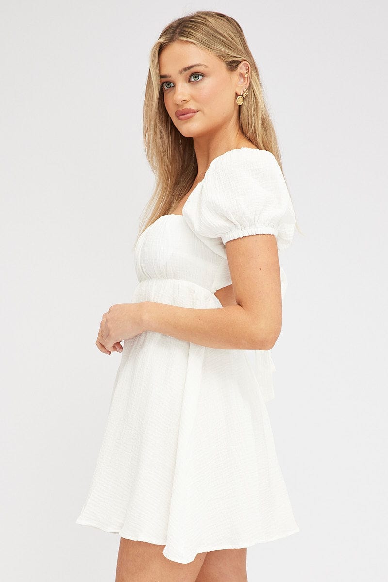 White Fit and Flare Dress Short Sleeve Tie Back Babydoll for Ally Fashion
