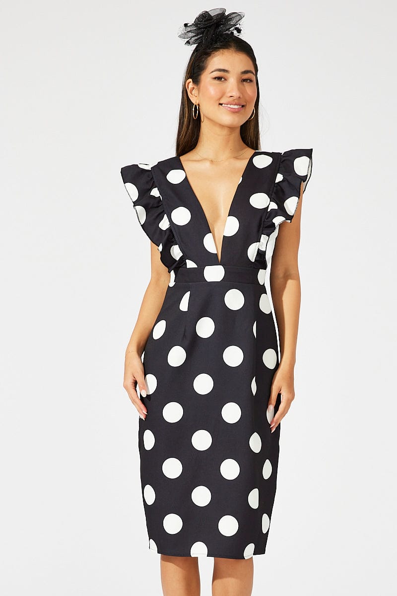 Black Polka Dot Midi Dress Plunge Ruffle Shoulder Oversized Polka for Ally Fashion