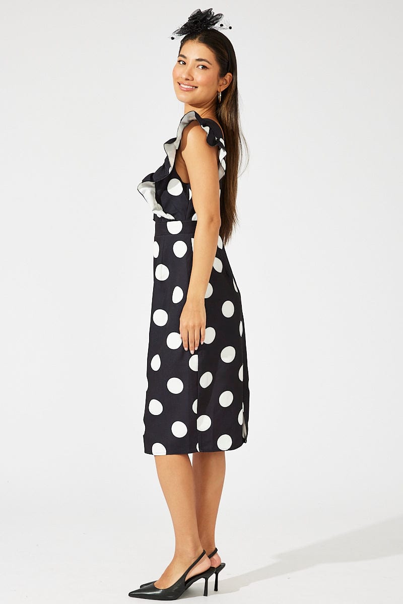 Black Polka Dot Midi Dress Plunge Ruffle Shoulder Oversized Polka for Ally Fashion