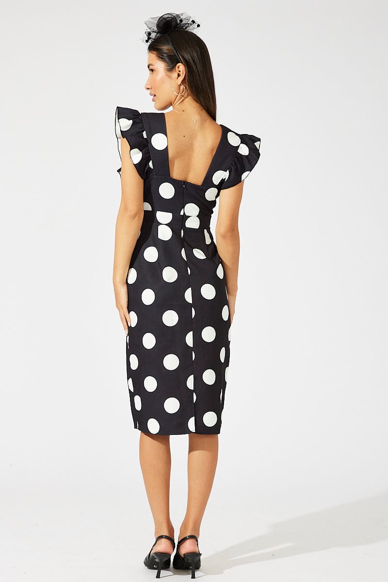 Black Polka Dot Midi Dress Plunge Ruffle Shoulder Oversized Polka for Ally Fashion