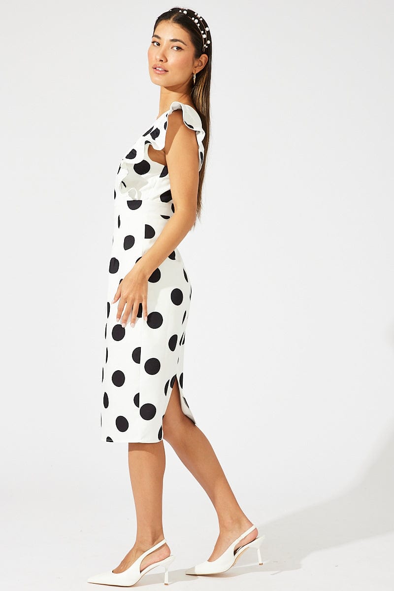 Black Polka Dot Midi Dress Plunge Ruffle Shoulder Oversized Polka for Ally Fashion