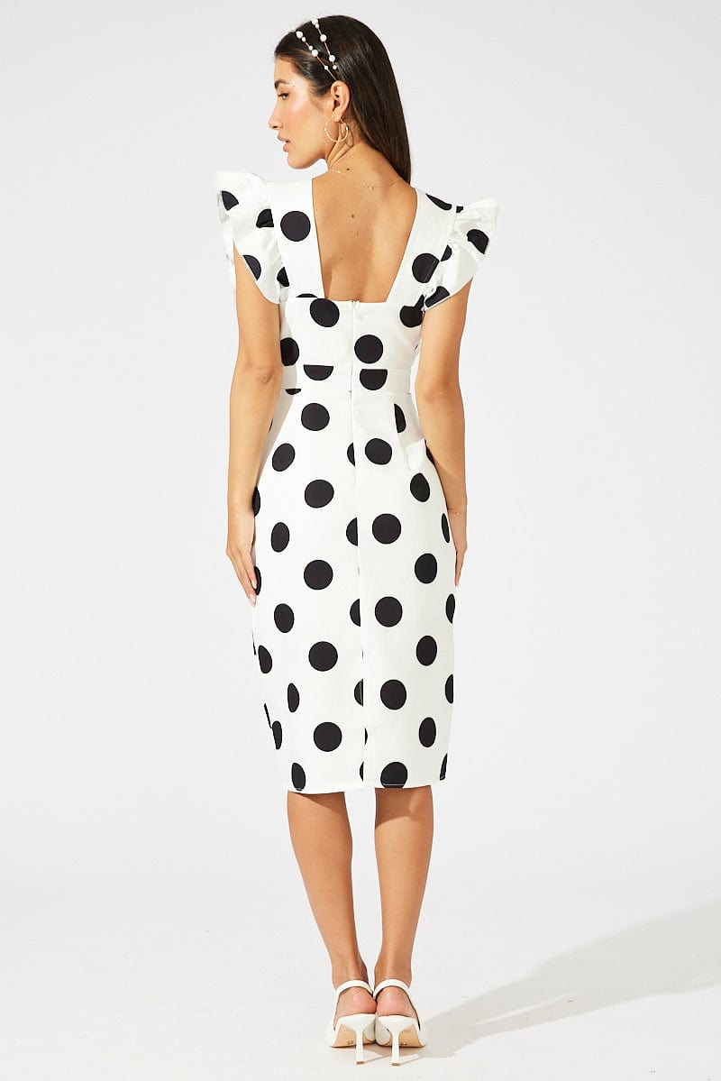 Black Polka Dot Midi Dress Plunge Ruffle Shoulder Oversized Polka for Ally Fashion