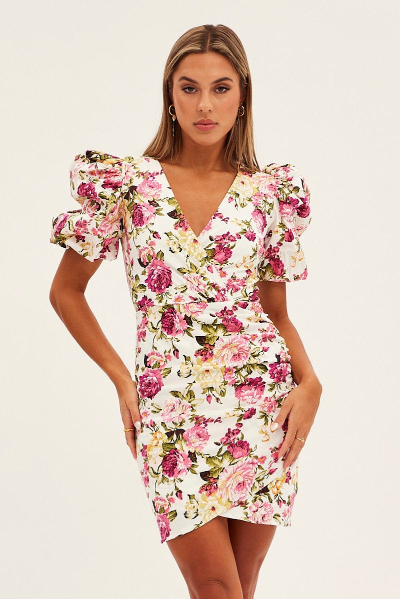White Floral Mini Dress Puff Sleeve V-Neck for Ally Fashion