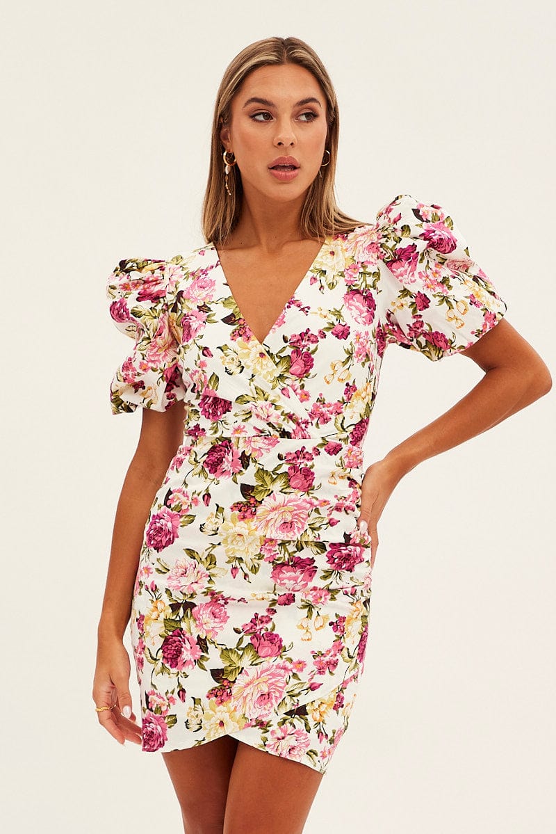 White Floral Mini Dress Puff Sleeve V-Neck | Ally Fashion