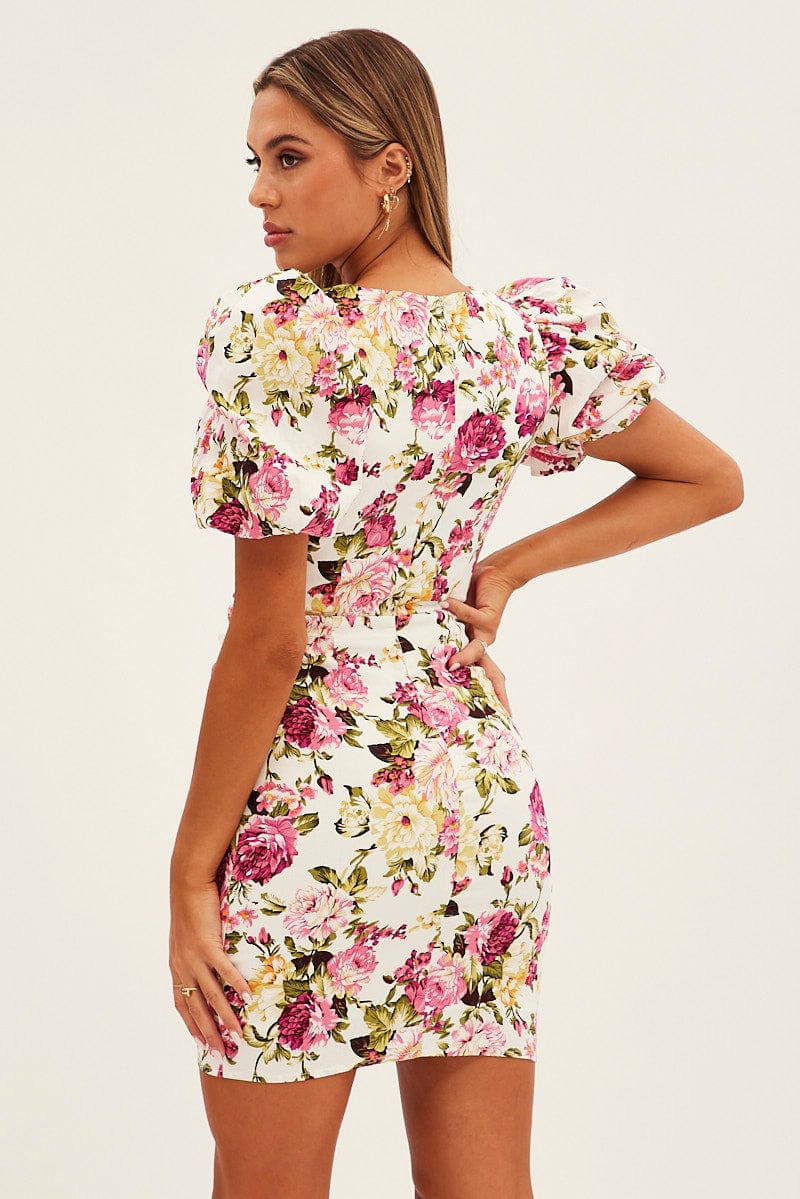 White Floral Mini Dress Puff Sleeve V-Neck for Ally Fashion