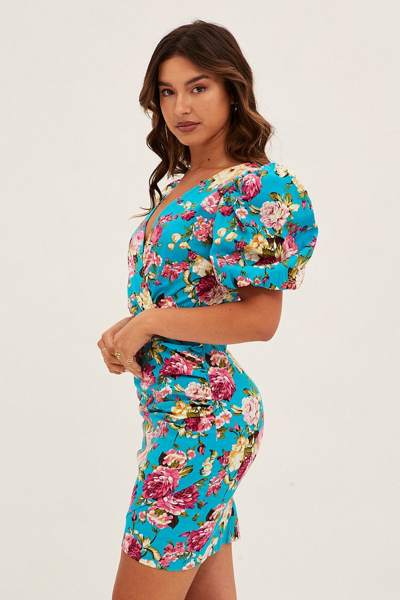 Green Floral Mini Dress Puff Sleeve V-Neck for Ally Fashion