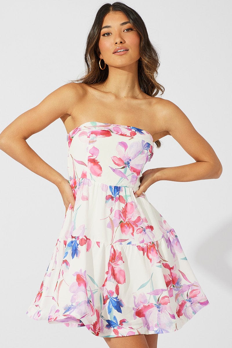 White Floral Fit and Flare Dress Boob Tube | Ally Fashion
