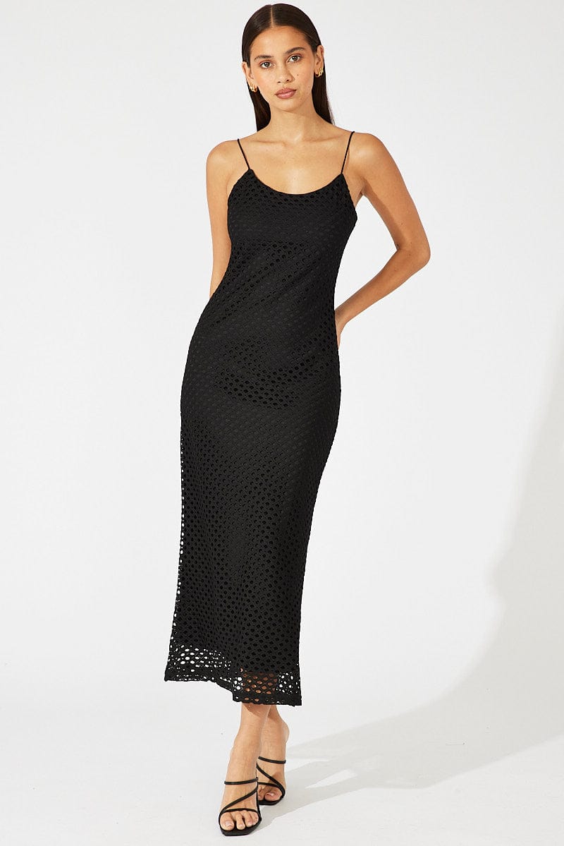 Black Midi Bodycon Dress Sleeveless Crochet for Ally Fashion