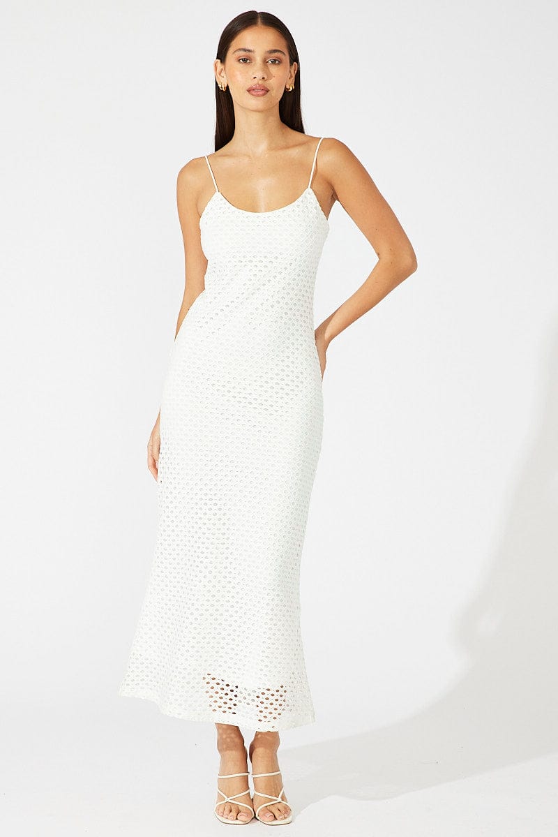 White Midi Bodycon Dress Sleeveless Crochet for Ally Fashion