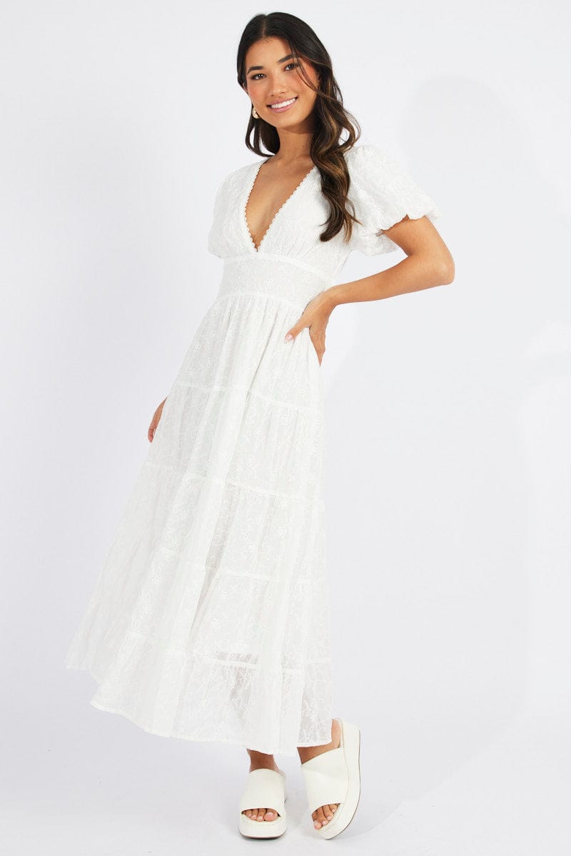 White Maxi Dress Short Sleeve Tiered Lace for Ally Fashion