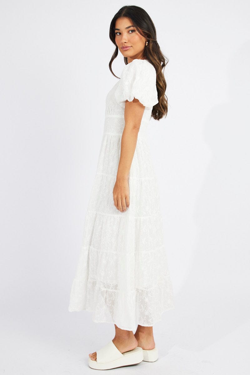White Maxi Dress Short Sleeve Tiered Lace for Ally Fashion