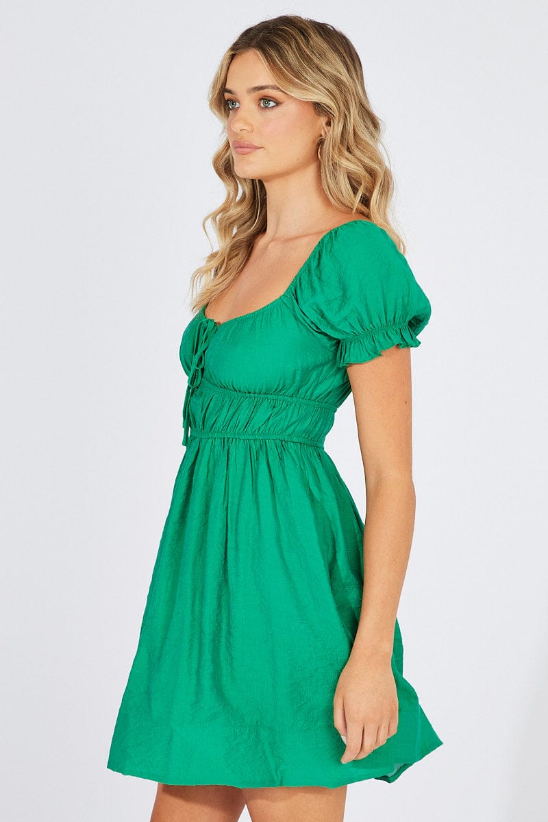 Green Fit and Flare Dress Short Sleeve Ruched for Ally Fashion