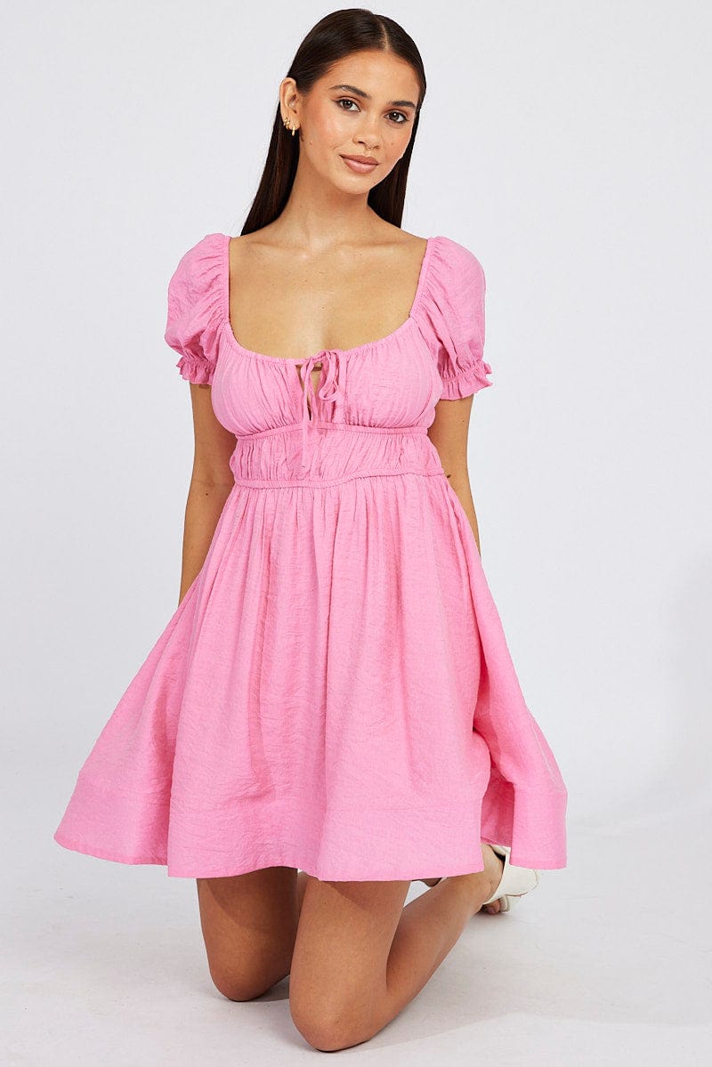 Pink Fit and Flare Dress Short Sleeve Ruched for Ally Fashion