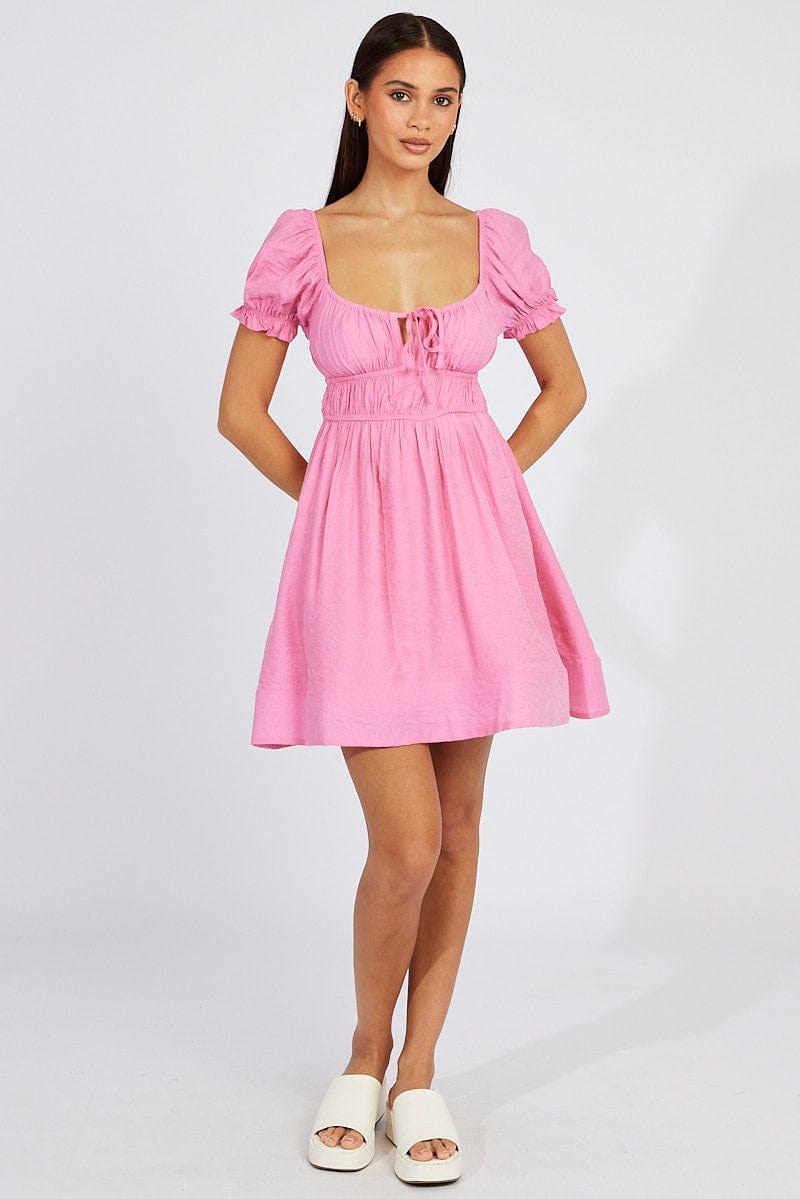 Pink Fit and Flare Dress Short Sleeve Ruched for Ally Fashion