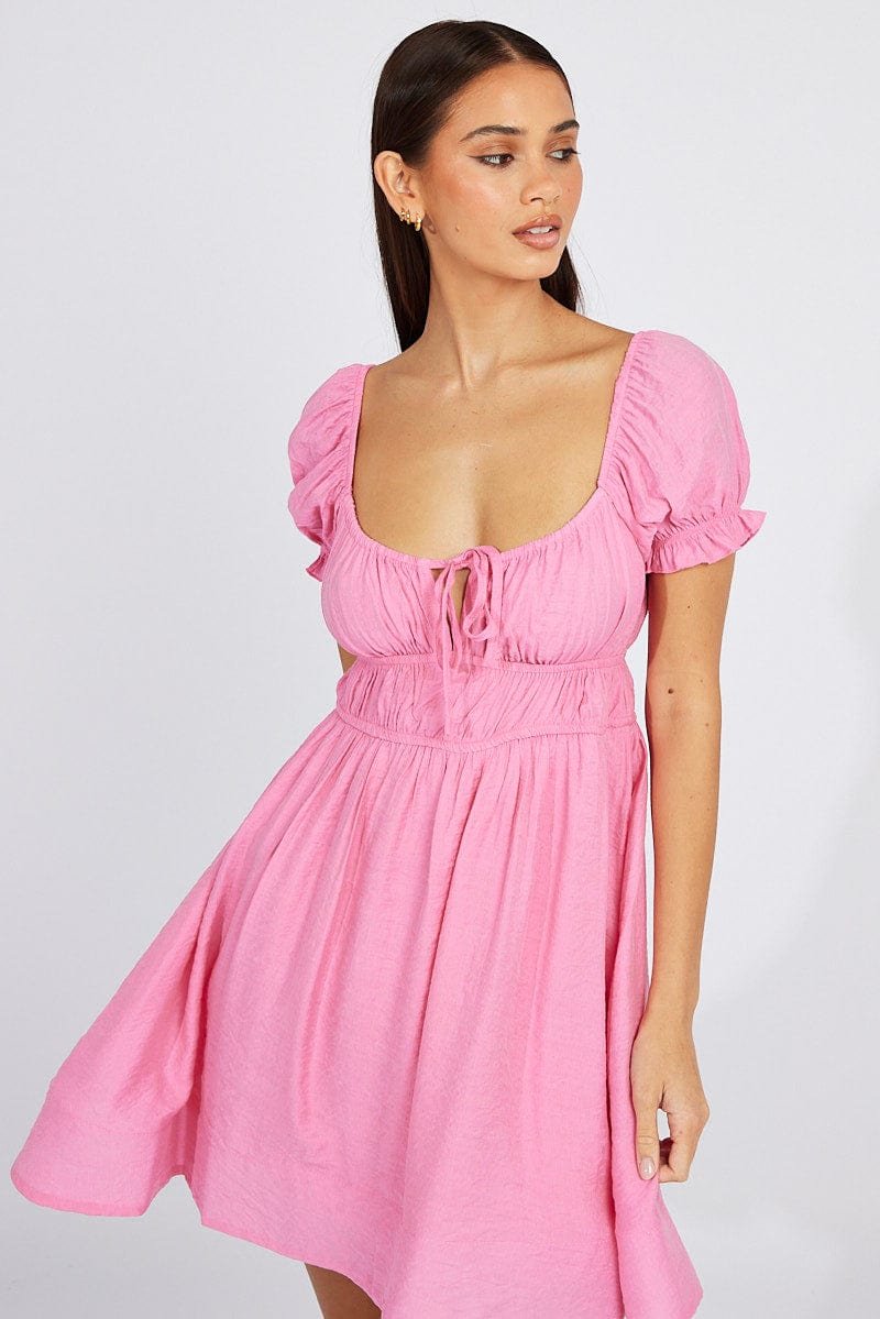 Pink Fit and Flare Dress Short Sleeve Ruched for Ally Fashion