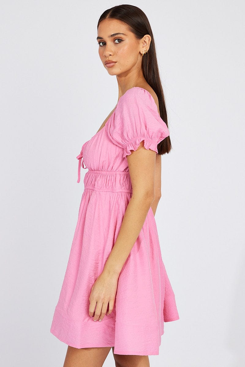 Pink Fit and Flare Dress Short Sleeve Ruched for Ally Fashion