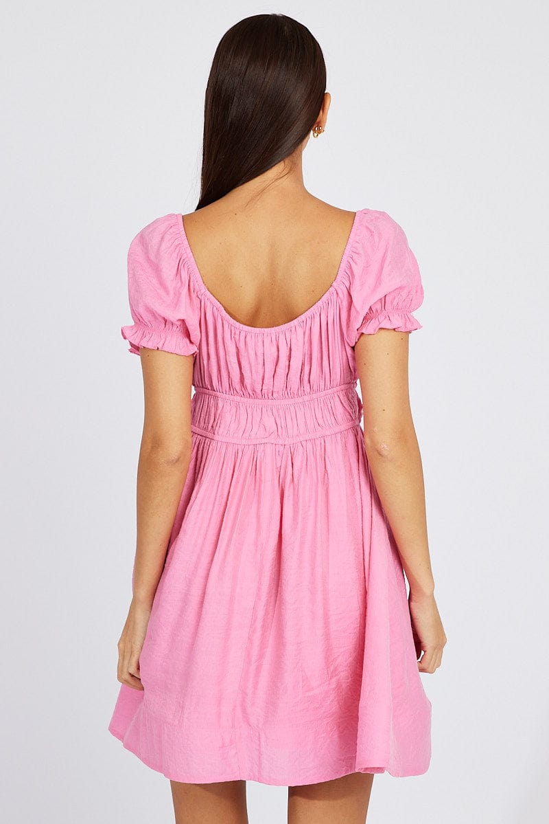 Pink Fit and Flare Dress Short Sleeve Ruched for Ally Fashion