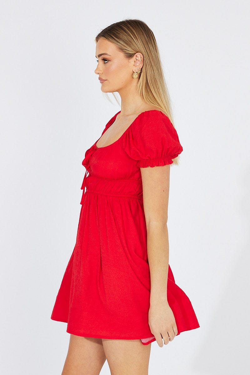 Red Fit and Flare Dress Short Sleeve Ruched for Ally Fashion