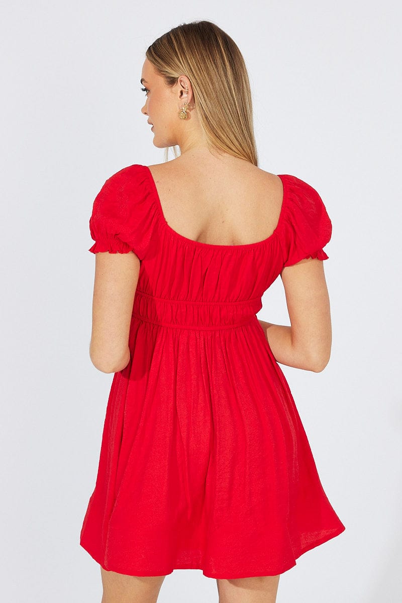 Red Fit and Flare Dress Short Sleeve Ruched for Ally Fashion