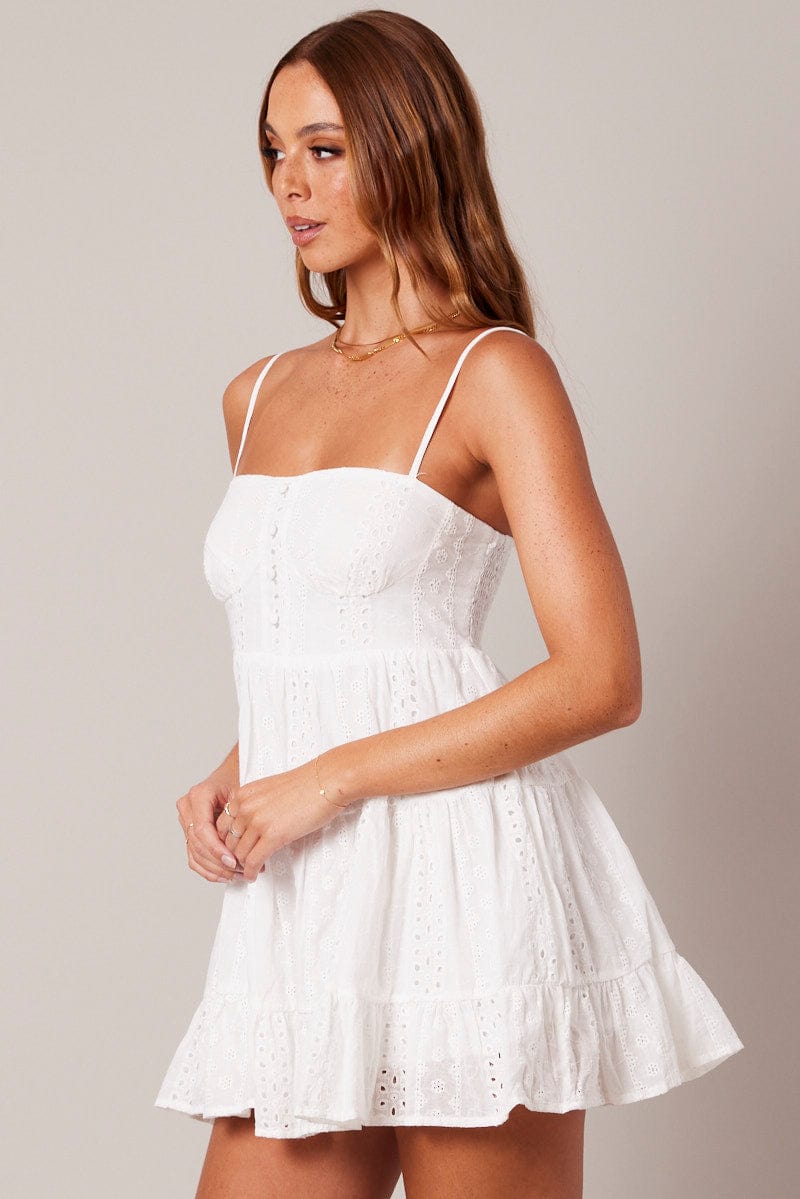 White Fit and Flare Dress Sleeveless Broidery for Ally Fashion