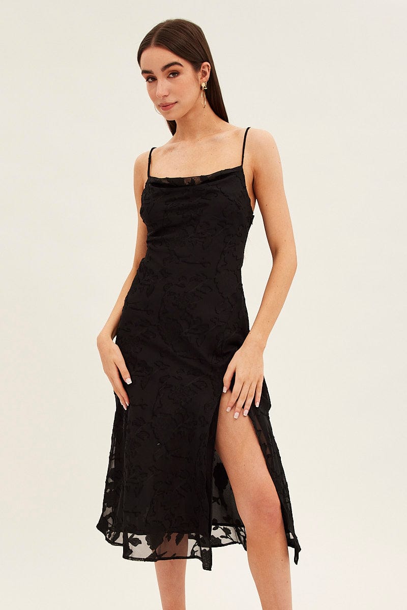 Black Midi Dress Cowl Neck Burnout | Ally Fashion