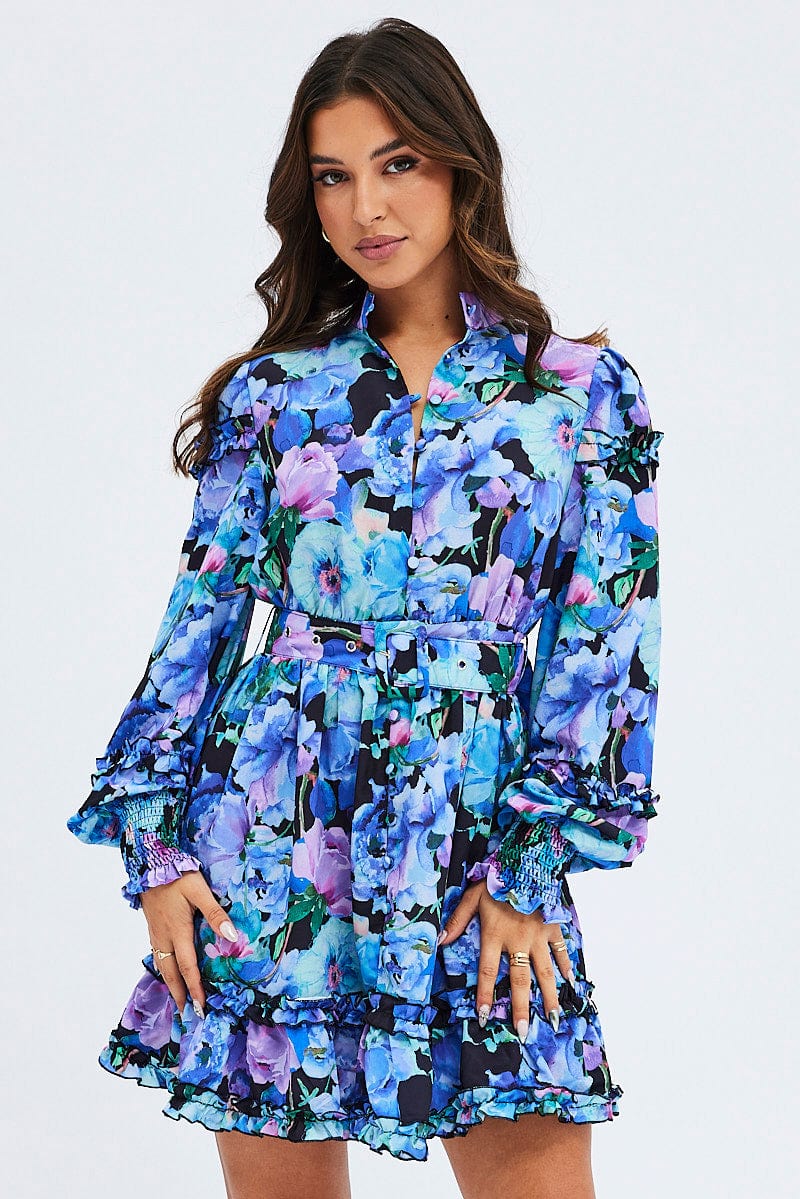 Multi Floral Ruffle Balloon Sleeve Button Skater Dress | Ally Fashion